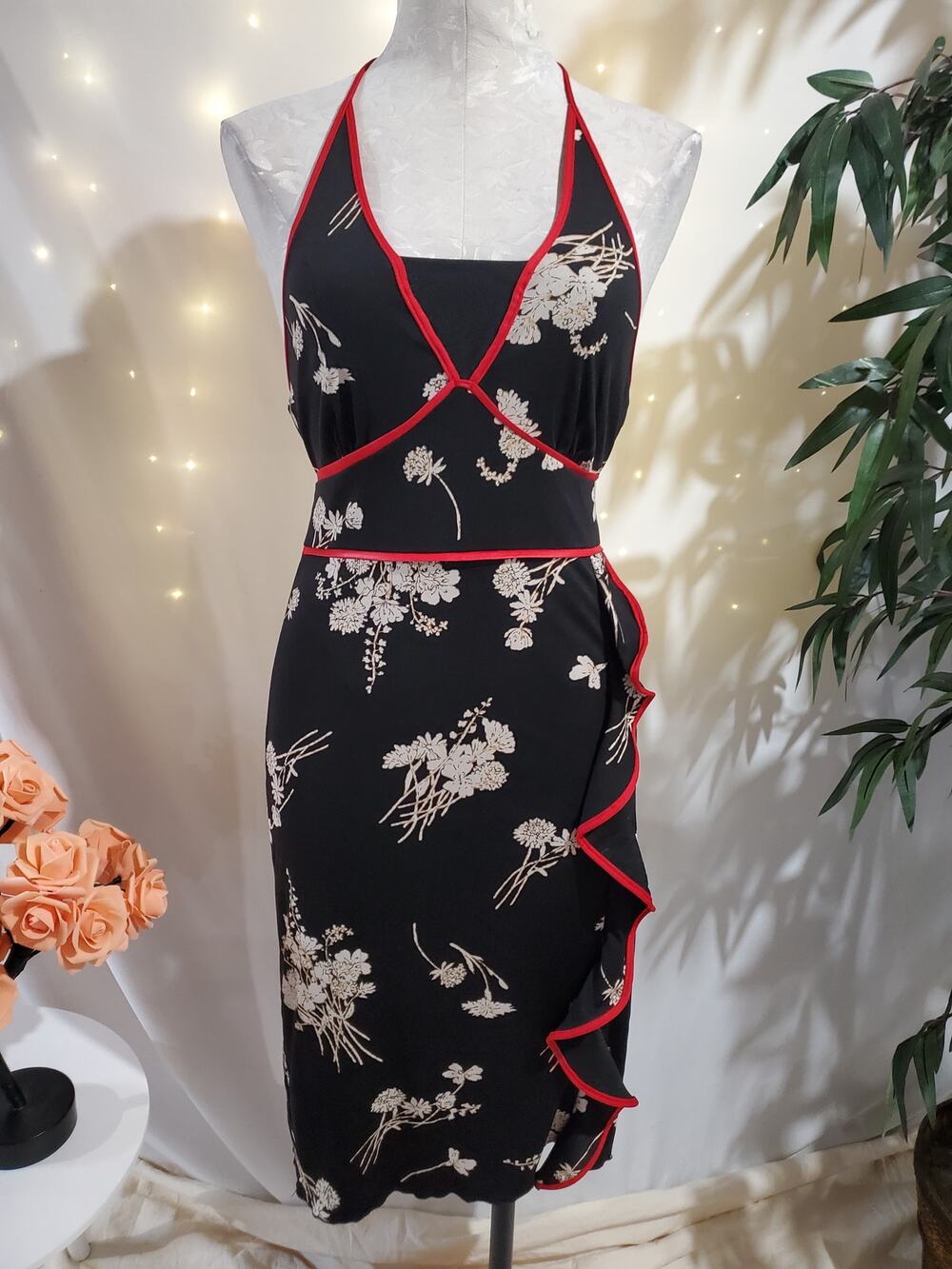Vtg Y2K Charlotte Russe Asian Floral Ruffle Halter Slip Dress Size M Whimsigoth